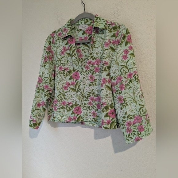 Olivia James The Label Green Pink Floral 100% Linen Long Sleeve Cropped Top - Picture 3 of 9